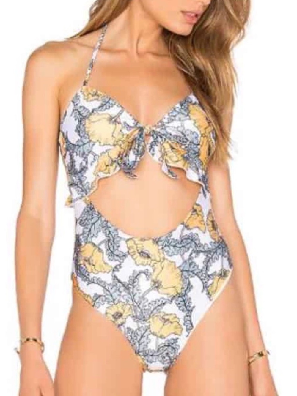 Ruffled Floral Cutout One-Piece Swimsuit - Yellow/Blue